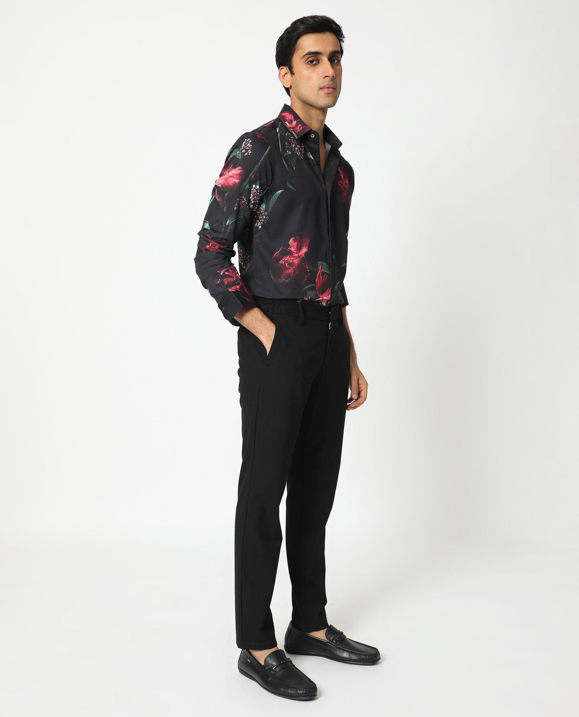 Rare Rabbit Men's Stock Black Viscose Fabric Floral Print Full Sleeves Shirt