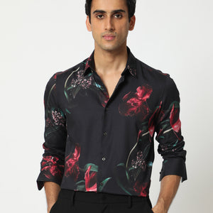 Rare Rabbit Men's Stock Black Viscose Fabric Floral Print Full Sleeves Shirt
