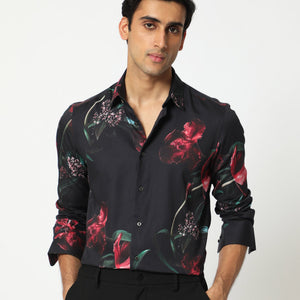 Rare Rabbit Men's Stock Black Viscose Fabric Floral Print Full Sleeves Shirt