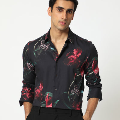 Rare Rabbit Men's Stock Black Viscose Fabric Floral Print Full Sleeves Shirt