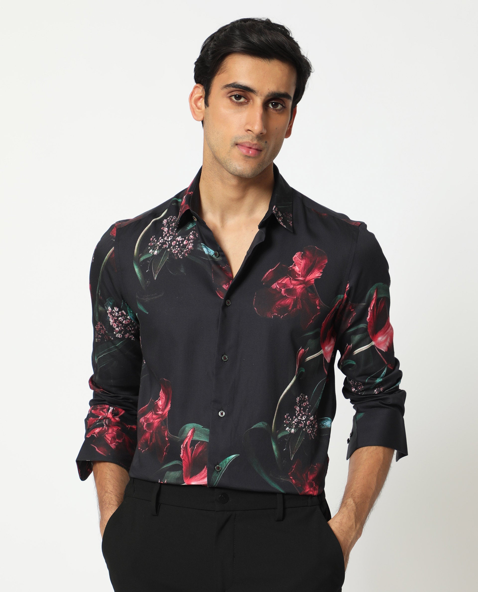 Rare Rabbit Men's Stock Black Viscose Fabric Floral Print Full Sleeves Shirt