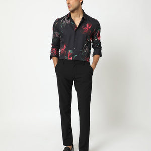 Rare Rabbit Men's Stock Black Viscose Fabric Floral Print Full Sleeves Shirt