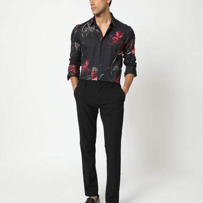 Rare Rabbit Men's Stock Black Viscose Fabric Floral Print Full Sleeves Shirt