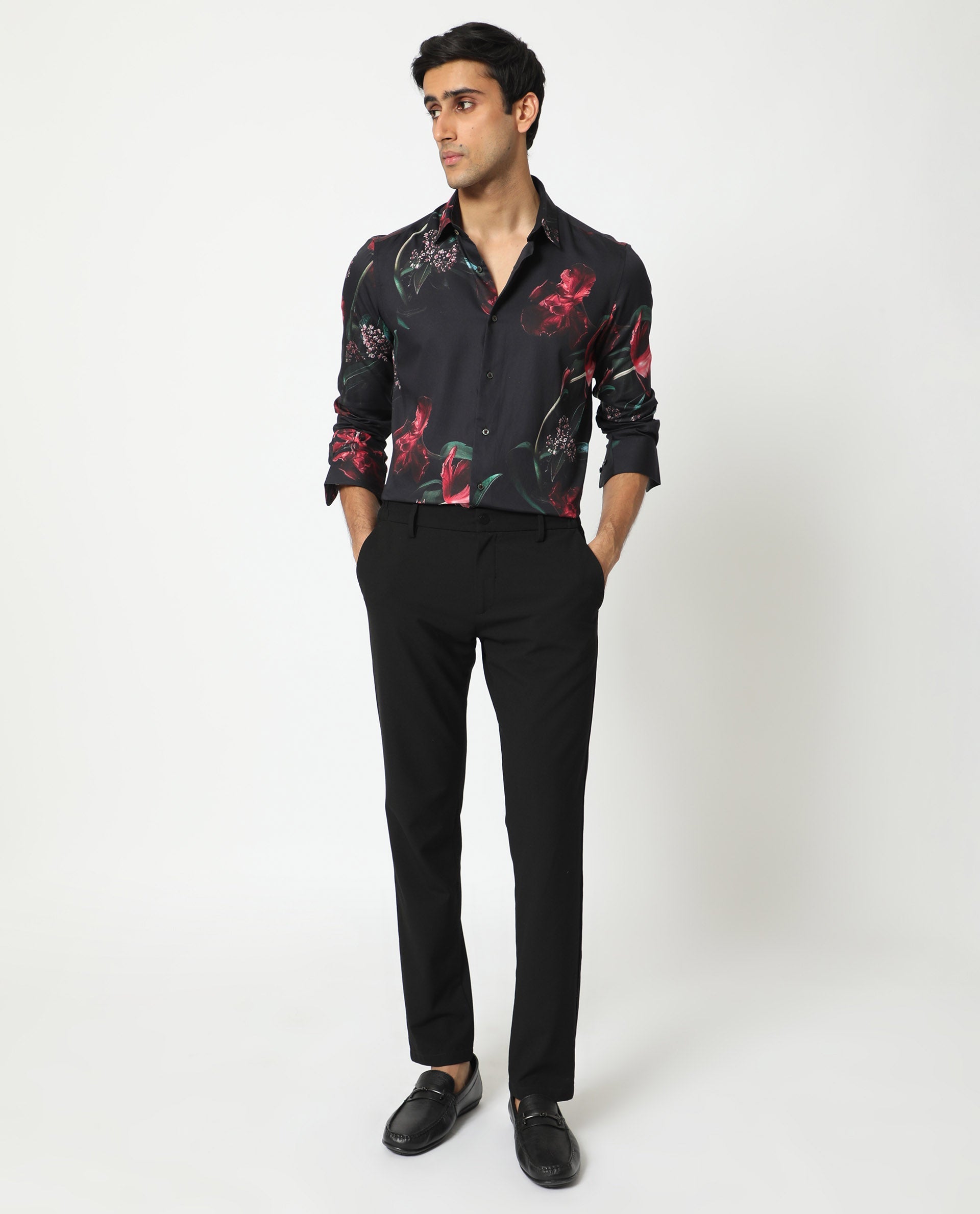 Rare Rabbit Men's Stock Black Viscose Fabric Floral Print Full Sleeves Shirt
