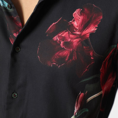 Rare Rabbit Men's Stock Black Viscose Fabric Floral Print Full Sleeves Shirt
