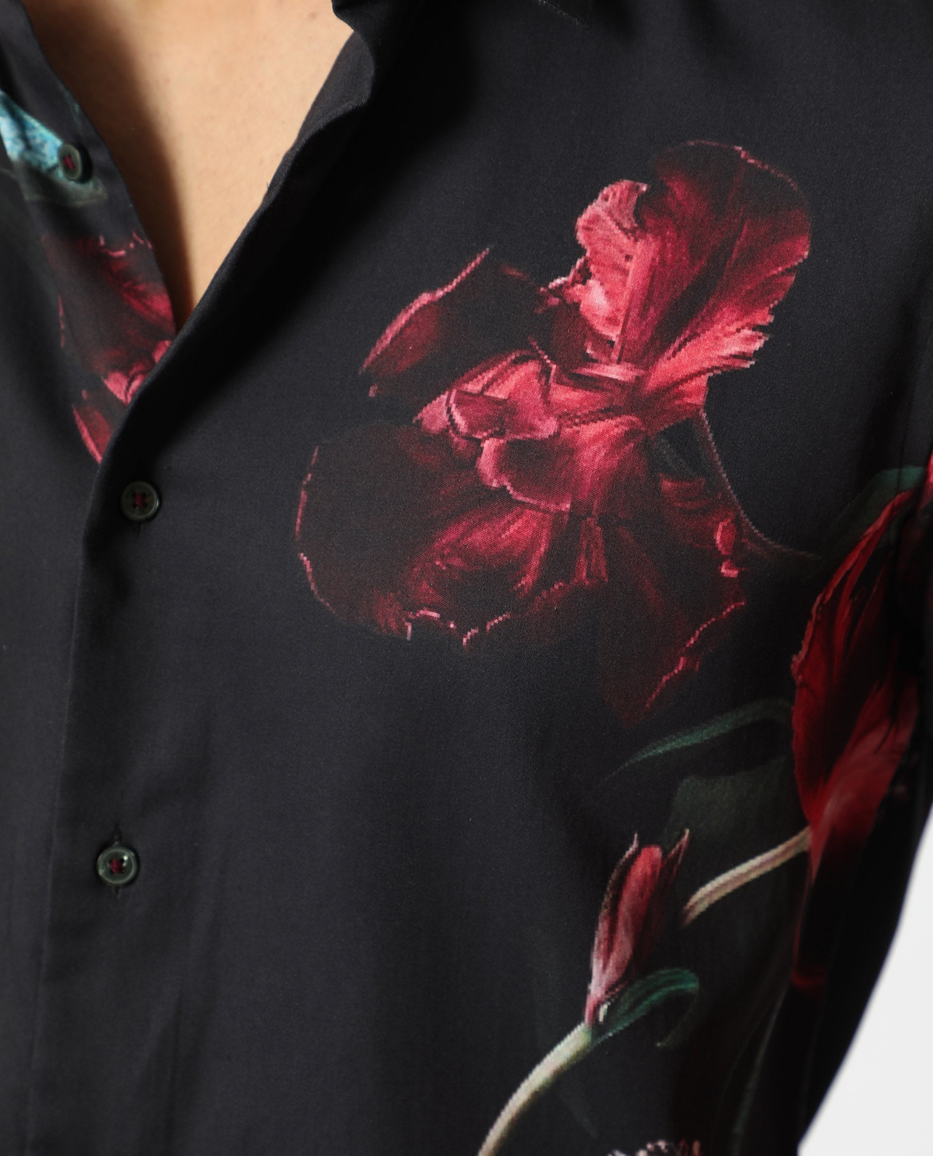 Rare Rabbit Men's Stock Black Viscose Fabric Floral Print Full Sleeves Shirt