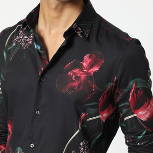Rare Rabbit Men's Stock Black Viscose Fabric Floral Print Full Sleeves Shirt