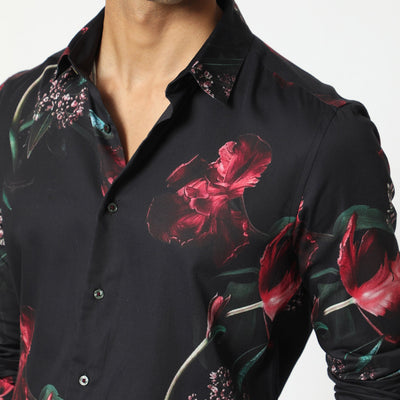 Rare Rabbit Men's Stock Black Viscose Fabric Floral Print Full Sleeves Shirt