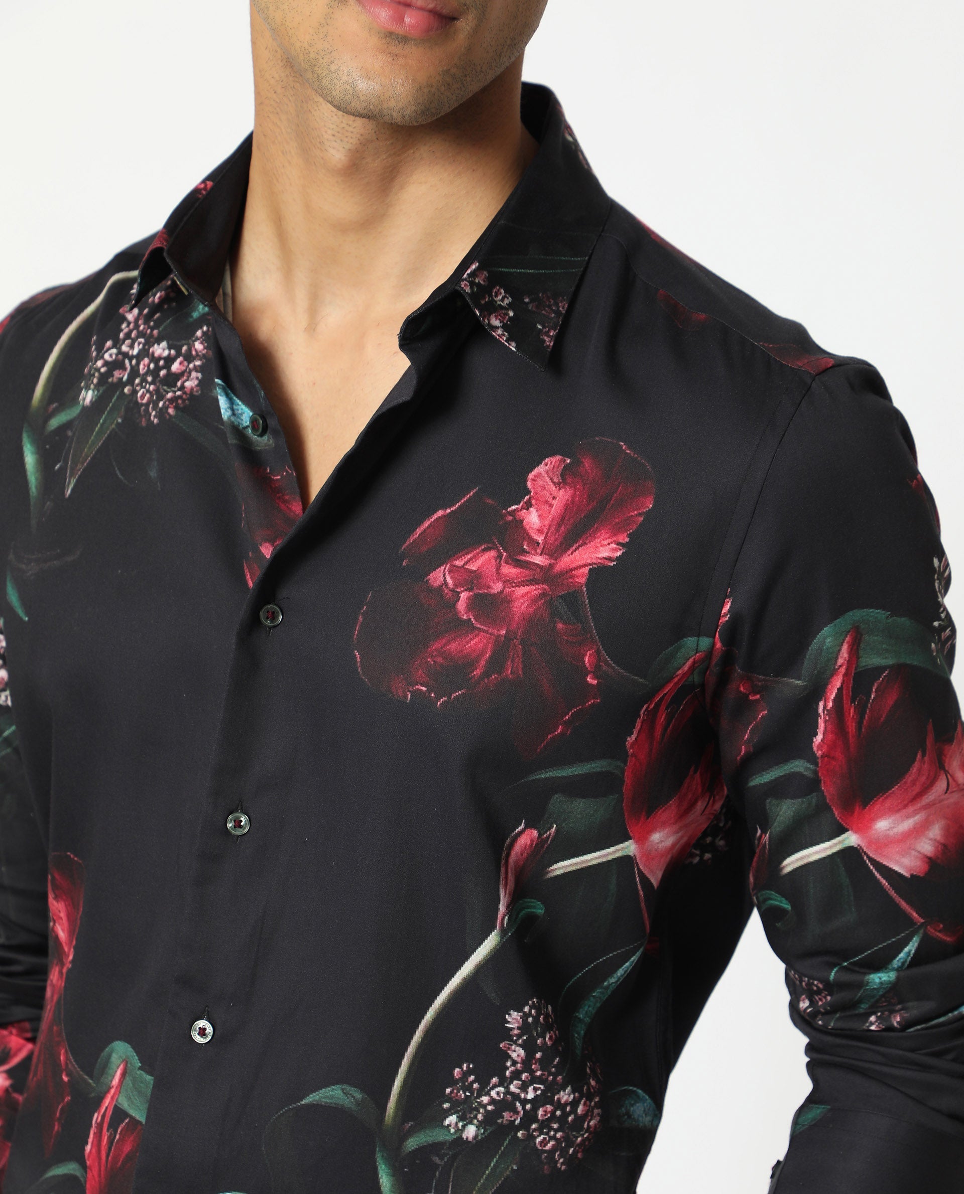 Rare Rabbit Men's Stock Black Viscose Fabric Floral Print Full Sleeves Shirt