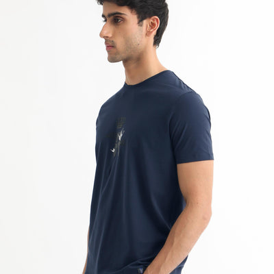 Rare Rabbit Men's Stuart Dark Blue Crew Neck Half Sleeves Regular Fit Graphic Print T-Shirt
