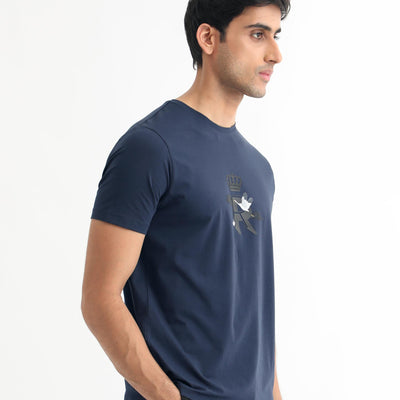 Rare Rabbit Men's Stuart Dark Blue Crew Neck Half Sleeves Regular Fit Graphic Print T-Shirt