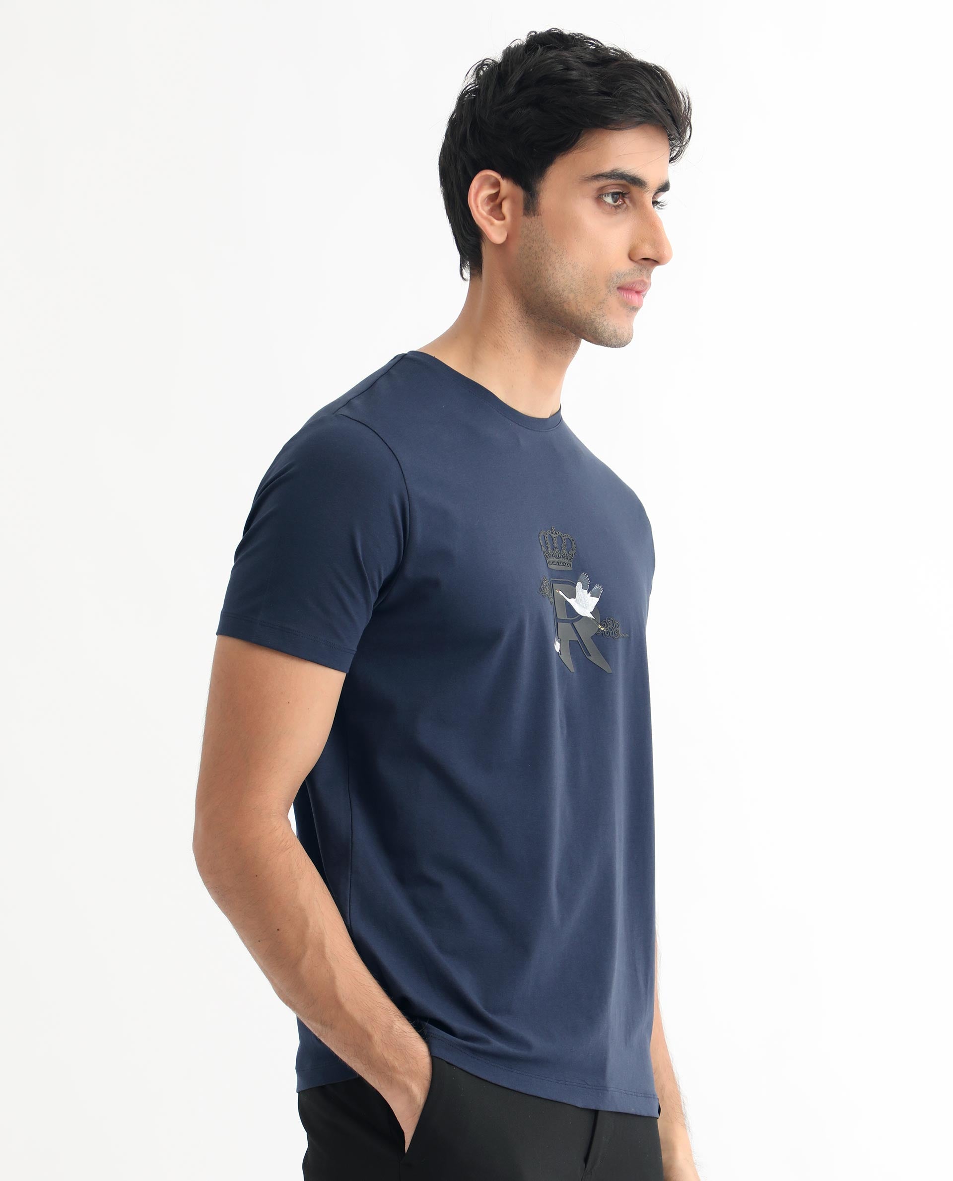 Rare Rabbit Men's Stuart Dark Blue Crew Neck Half Sleeves Regular Fit Graphic Print T-Shirt