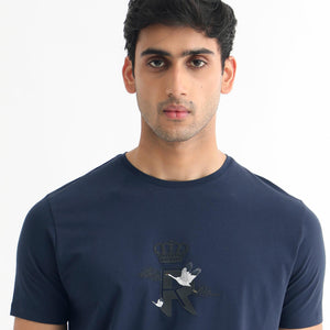 Rare Rabbit Men's Stuart Dark Blue Crew Neck Half Sleeves Regular Fit Graphic Print T-Shirt