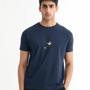 Rare Rabbit Men's Stuart Dark Blue Crew Neck Half Sleeves Regular Fit Graphic Print T-Shirt