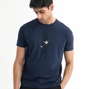 Rare Rabbit Men's Stuart Dark Blue Crew Neck Half Sleeves Regular Fit Graphic Print T-Shirt