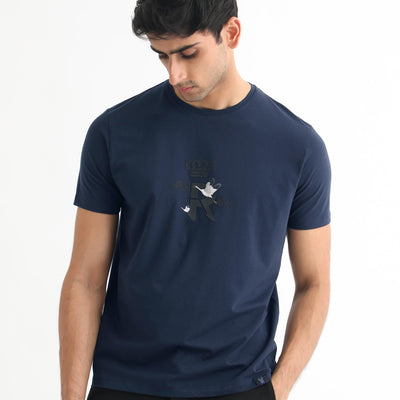 Rare Rabbit Men's Stuart Dark Blue Crew Neck Half Sleeves Regular Fit Graphic Print T-Shirt