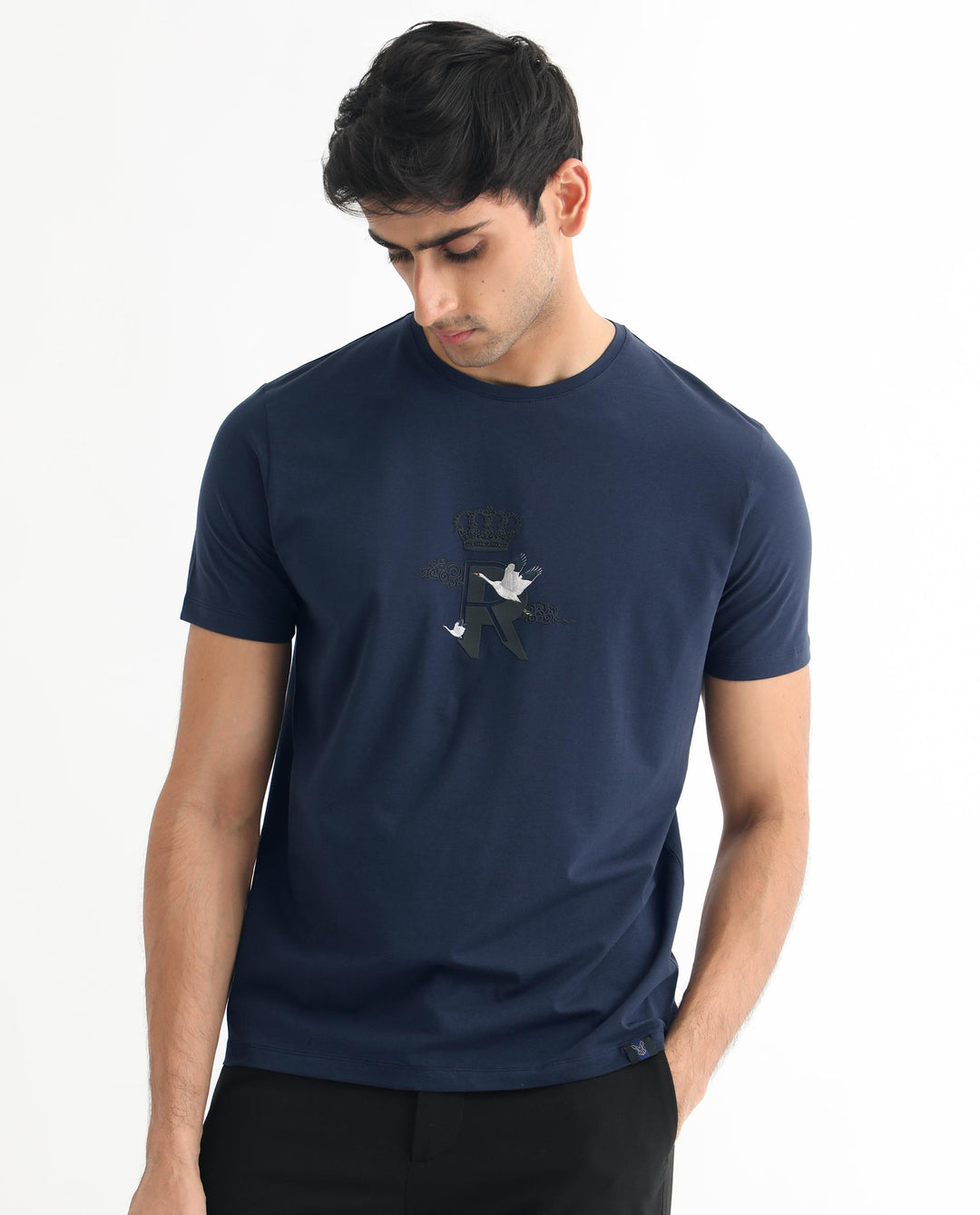 Rare Rabbit Men's Stuart Dark Blue Crew Neck Half Sleeves Regular Fit Graphic Print T-Shirt