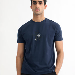 Rare Rabbit Men's Stuart Dark Blue Crew Neck Half Sleeves Regular Fit Graphic Print T-Shirt