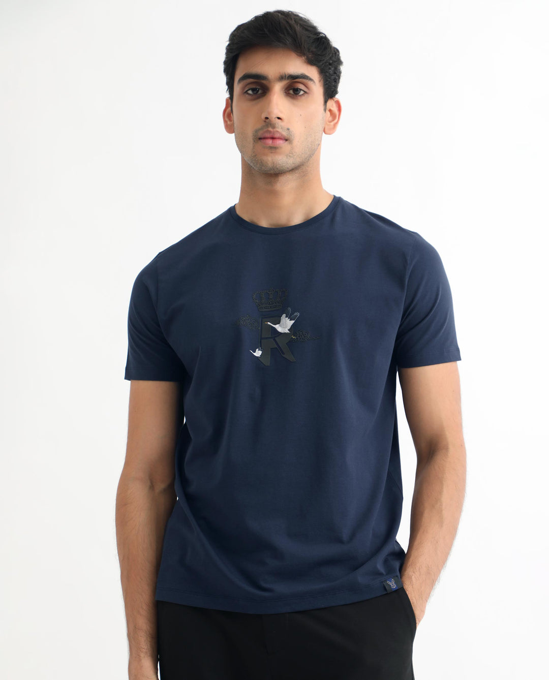 Rare Rabbit Men's Stuart Dark Blue Crew Neck Half Sleeves Regular Fit Graphic Print T-Shirt