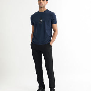 Rare Rabbit Men's Stuart Dark Blue Crew Neck Half Sleeves Regular Fit Graphic Print T-Shirt
