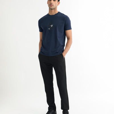 Rare Rabbit Men's Stuart Dark Blue Crew Neck Half Sleeves Regular Fit Graphic Print T-Shirt