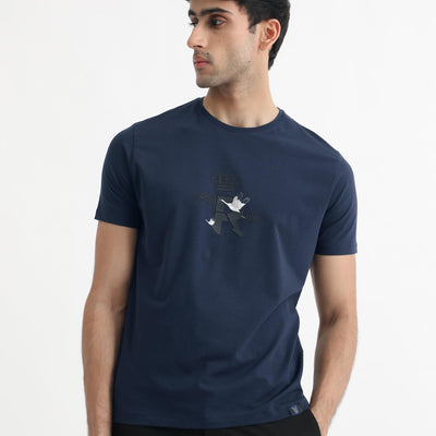 Rare Rabbit Men's Stuart Dark Blue Crew Neck Half Sleeves Regular Fit Graphic Print T-Shirt