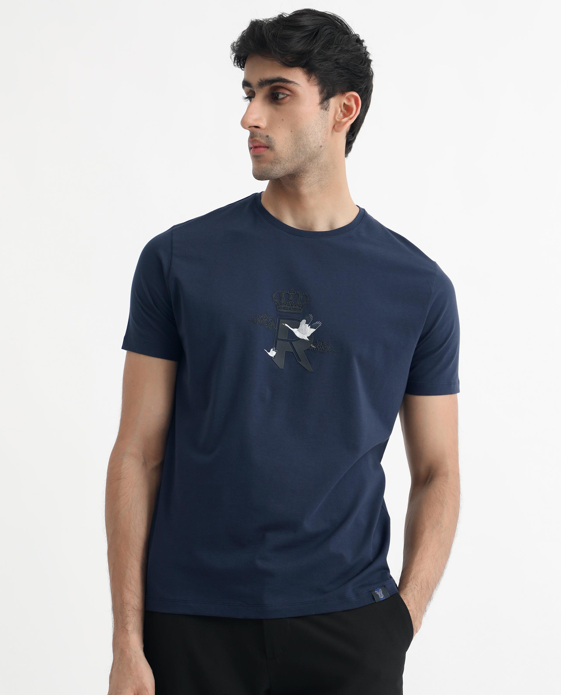 Rare Rabbit Men's Stuart Dark Blue Crew Neck Half Sleeves Regular Fit Graphic Print T-Shirt
