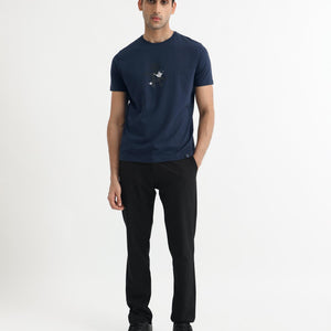 Rare Rabbit Men's Stuart Dark Blue Crew Neck Half Sleeves Regular Fit Graphic Print T-Shirt