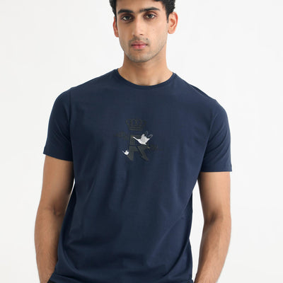 Rare Rabbit Men's Stuart Dark Blue Crew Neck Half Sleeves Regular Fit Graphic Print T-Shirt