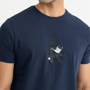 Rare Rabbit Men's Stuart Dark Blue Crew Neck Half Sleeves Regular Fit Graphic Print T-Shirt