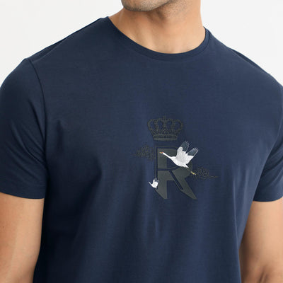 Rare Rabbit Men's Stuart Dark Blue Crew Neck Half Sleeves Regular Fit Graphic Print T-Shirt