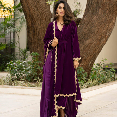 Wine Velvet Lace Kurta Pant Set | Relove
