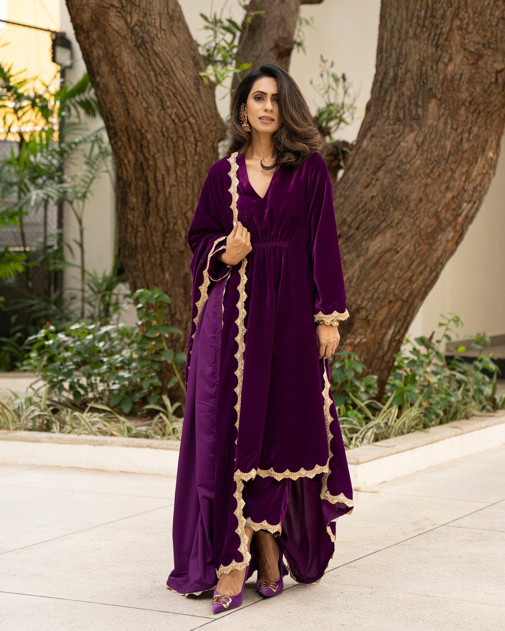 Wine Velvet Lace Kurta Pant Set | Relove