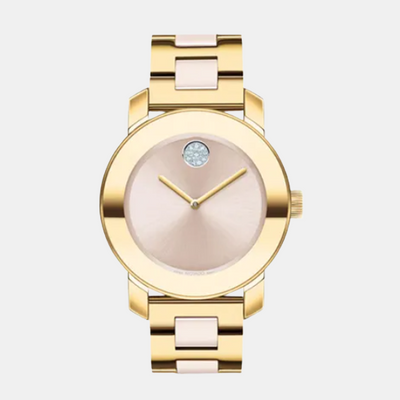Bold Ceramic Women Quartz Pink Dial Analog Stainless Steel Watch 3600800