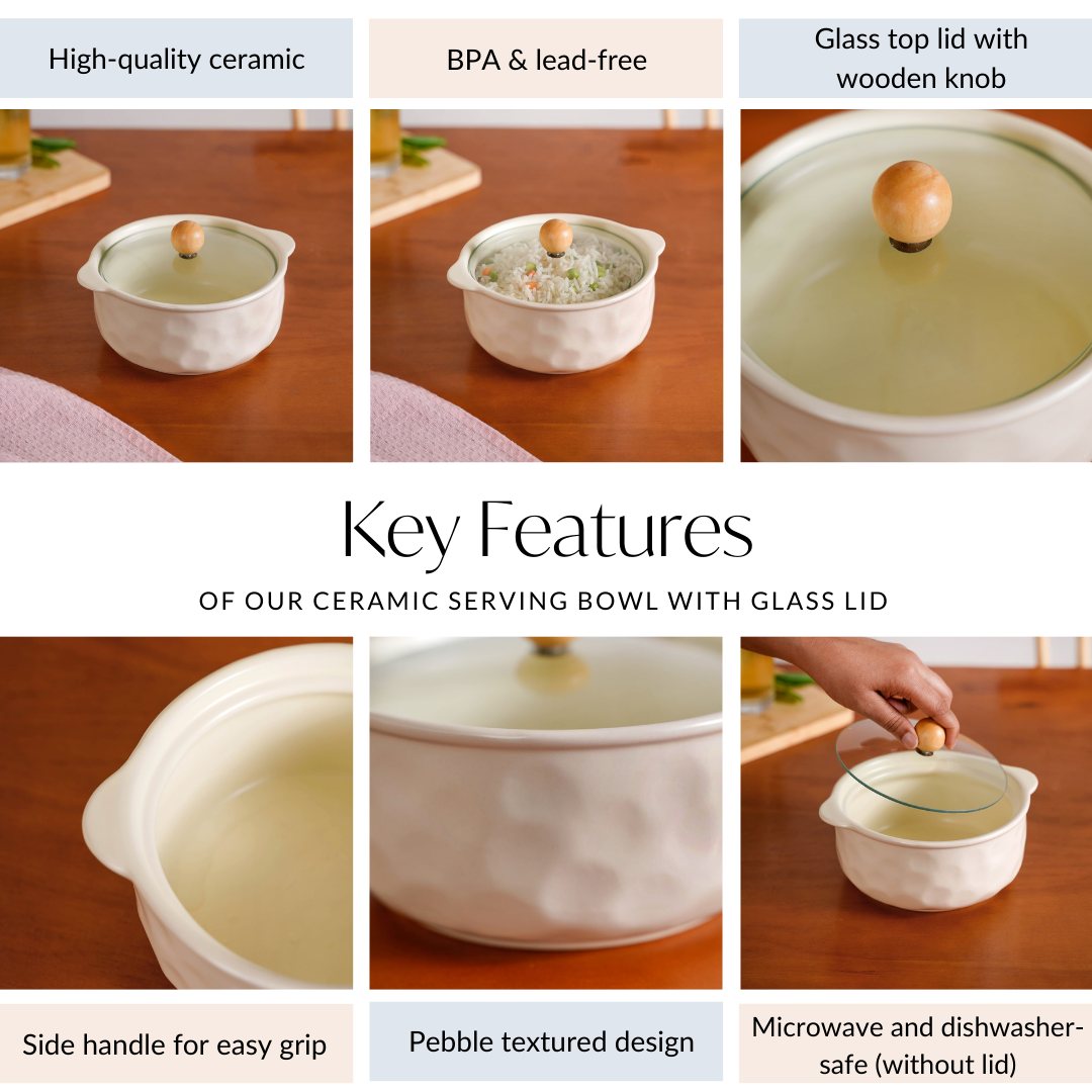 Ceramic Serving Bowl With Glass Lid 950ml