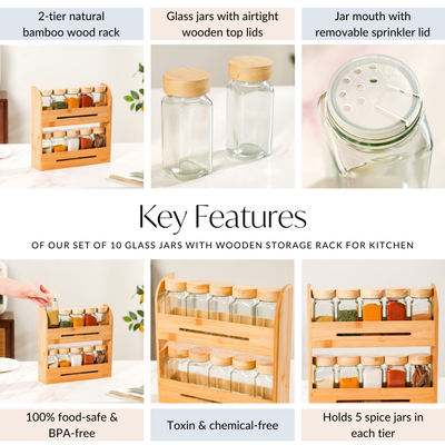 Set Of 10 Glass Jars With Wooden Storage Rack For Kitchen