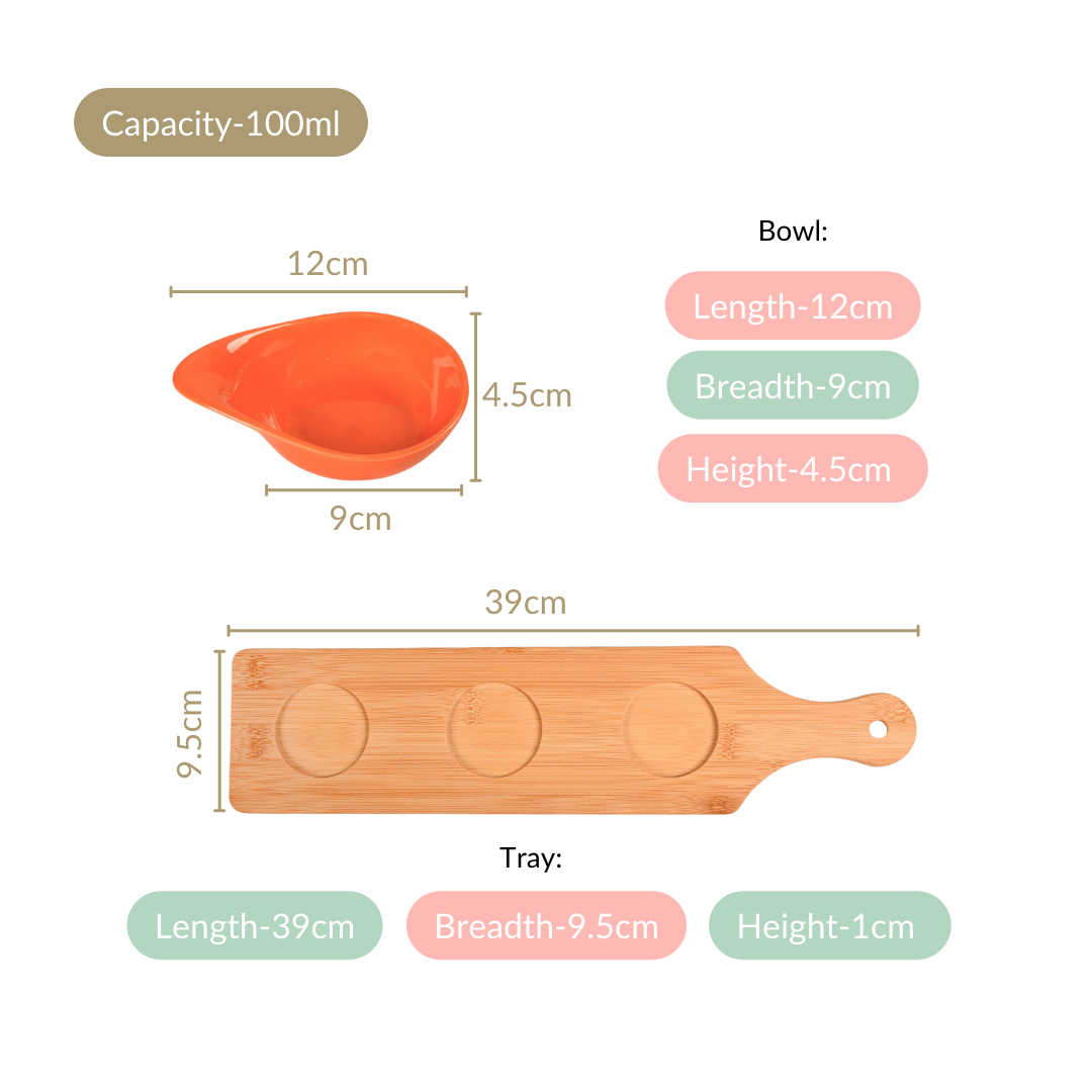 Set Of 3 Colourful Ceramic Bowls With Bamboo Tray 100ml