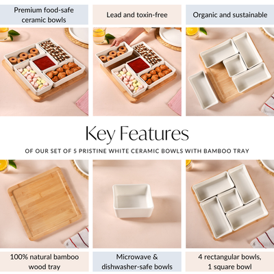 White Ceramic Bowls With Bamboo Tray Set Of 5