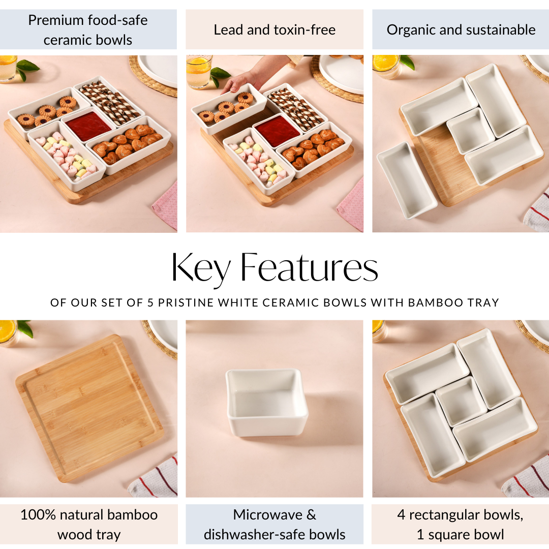 White Ceramic Bowls With Bamboo Tray Set Of 5