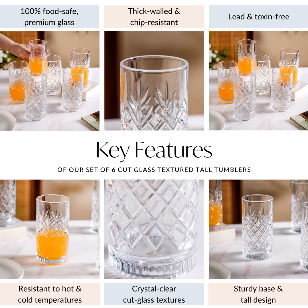 Textured Glass Tall Tumblers Set Of 6 490ml