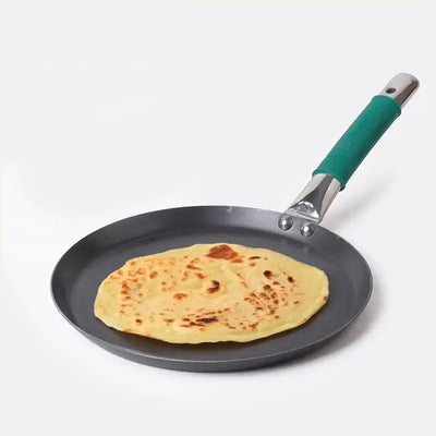 Ironklad 100% Pure Sheet Iron Tawa, Steel Cool Touch Handle & Silicone Grip, Pre-seasoned, Toxin-free, Induction, 26 cm, 1 Kg