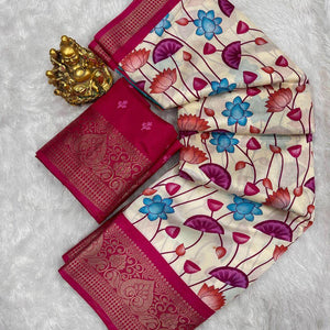 Felicitous Beige Digital Printed Dola Silk Saree With Mesmerising Blouse Piece