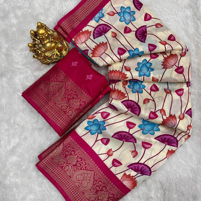 Felicitous Beige Digital Printed Dola Silk Saree With Mesmerising Blouse Piece