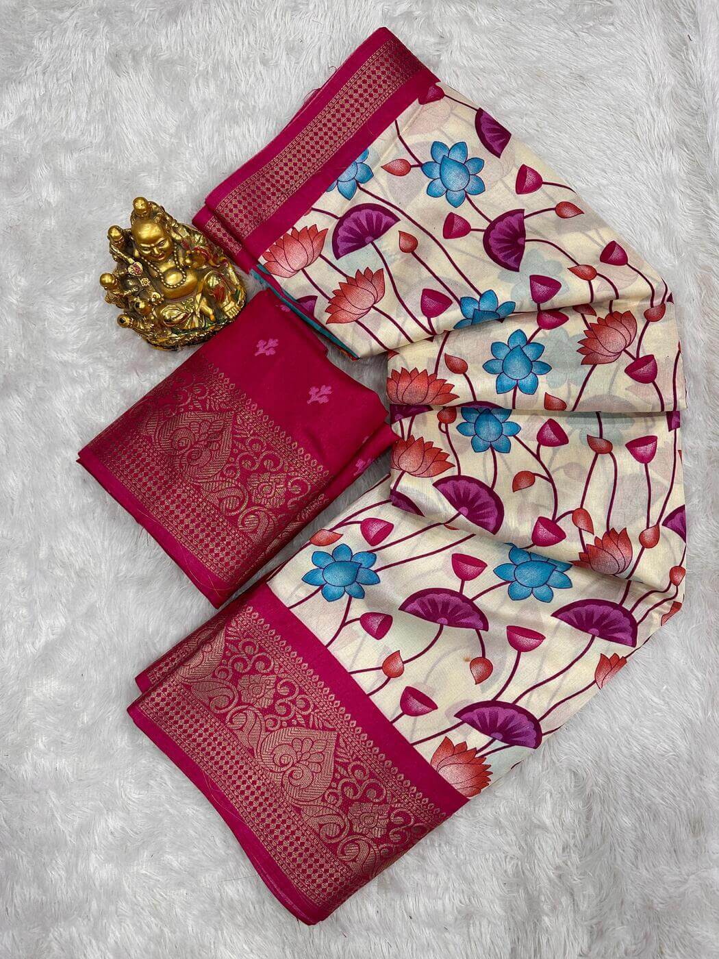 Felicitous Beige Digital Printed Dola Silk Saree With Mesmerising Blouse Piece