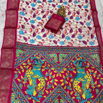 Felicitous Beige Digital Printed Dola Silk Saree With Mesmerising Blouse Piece