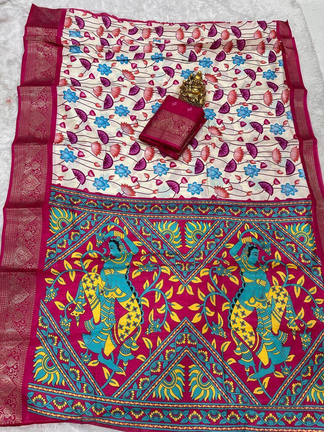 Felicitous Beige Digital Printed Dola Silk Saree With Mesmerising Blouse Piece