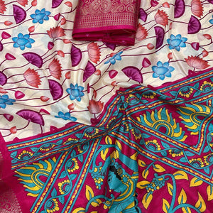 Felicitous Beige Digital Printed Dola Silk Saree With Mesmerising Blouse Piece