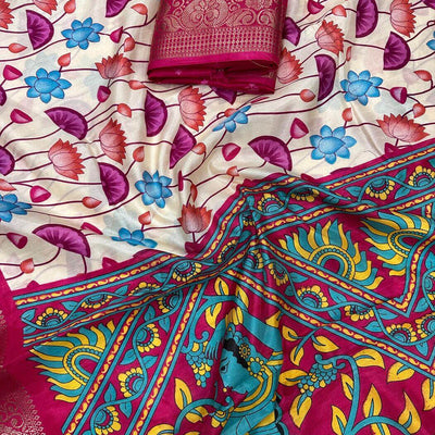 Felicitous Beige Digital Printed Dola Silk Saree With Mesmerising Blouse Piece