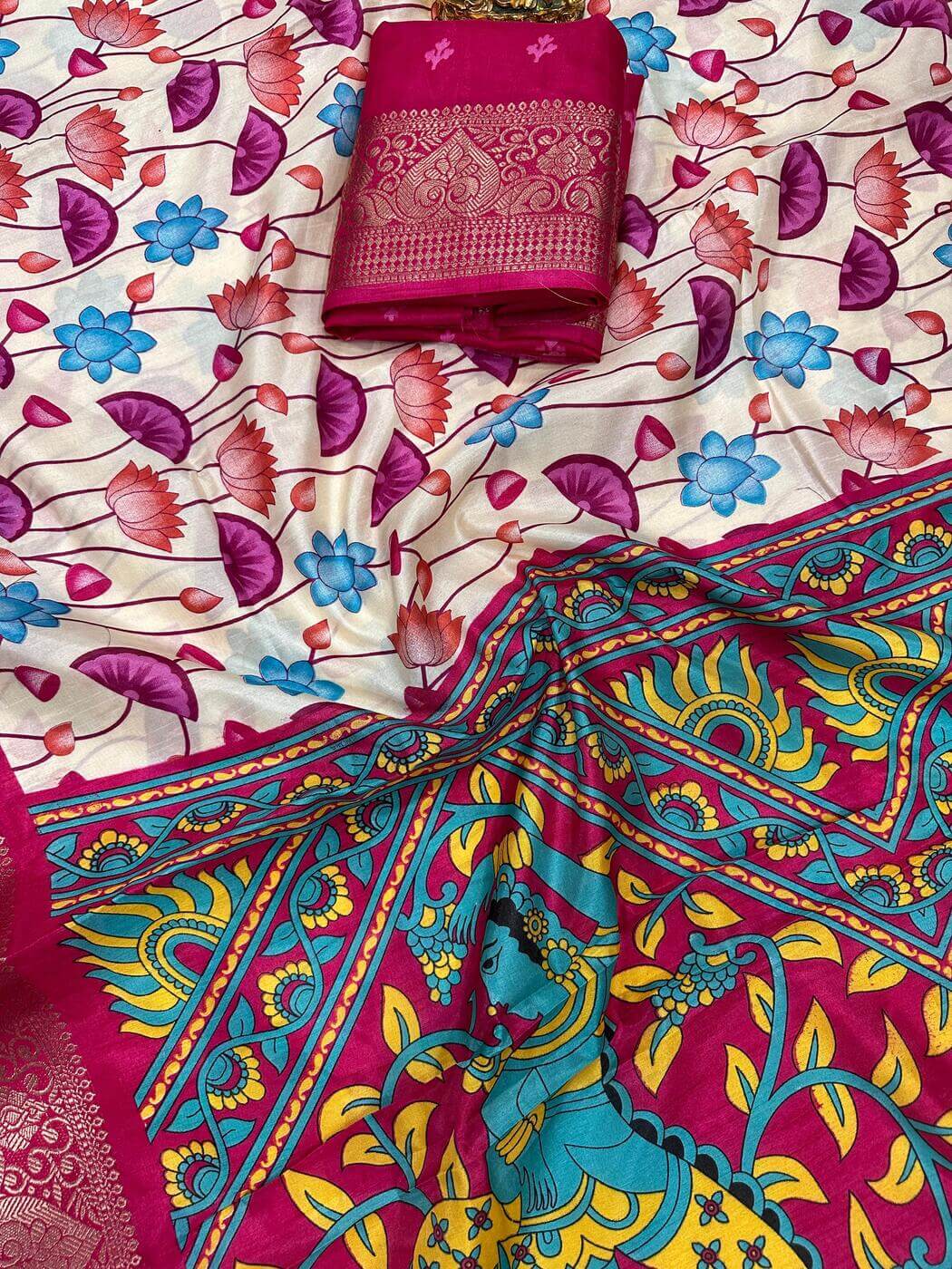 Felicitous Beige Digital Printed Dola Silk Saree With Mesmerising Blouse Piece