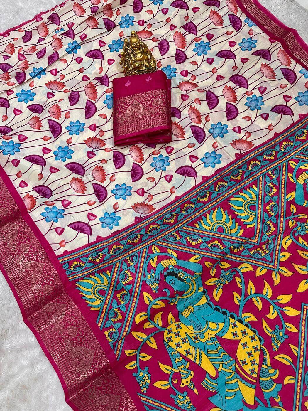 Felicitous Beige Digital Printed Dola Silk Saree With Mesmerising Blouse Piece